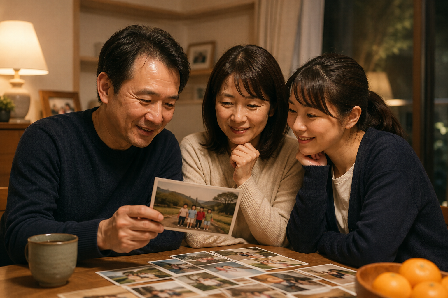 家族が写真を囲みながら大切な思い出を振り返る様子