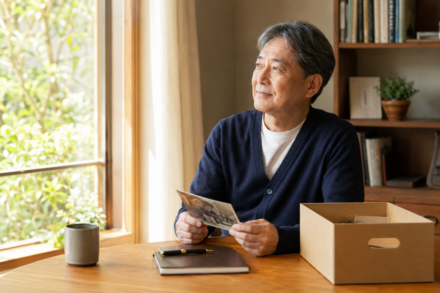 人生の節目に写真を手にこれまでの歩みを振り返る男性