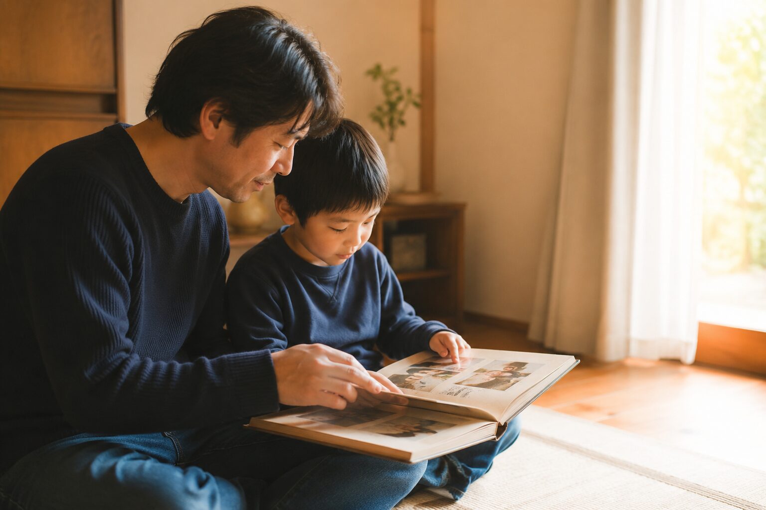 父親と子どもが写真を見ながら思い出を振り返る様子